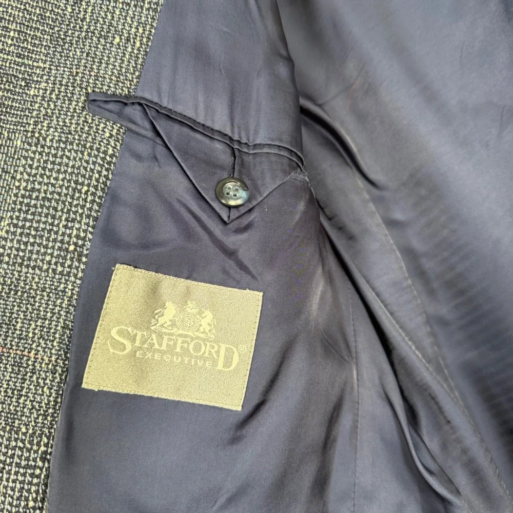 Stafford Executive Mens 100% Silk‎ Blazer Sport Coat Blue Grey Plaid 43R Texture